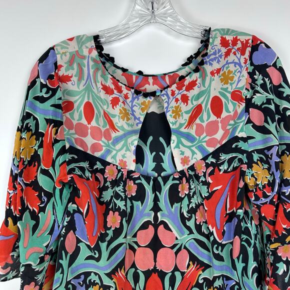 Maeve Folkart Kimono Silk Blouse Keyhole Back Bell Sleeves Sheer Womens Size 0 - Picture 10 of 13
